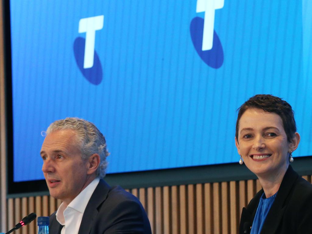 Telstra CEO Andrew Penn and CFO Vicky Brady at Telstra headquarters in Melbourne, Thursday, August 15, 2019. (AAP Image/David Crosling)