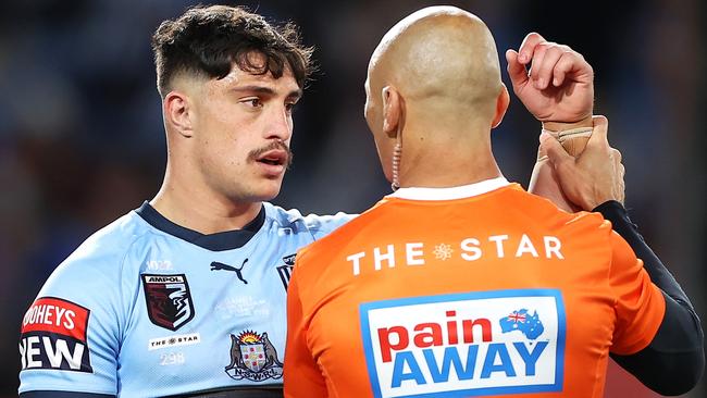 Kotoni Staggs injured his shoulder in Origin I. Picture: Mark Kolbe/Getty Images