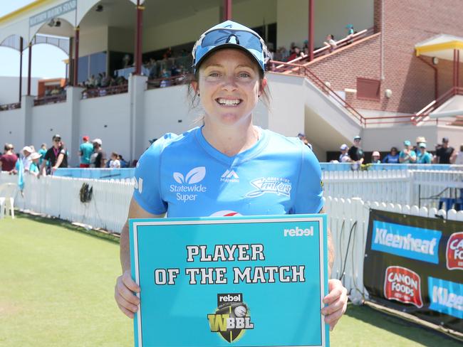 Player of the match Sarah Coyte poses after the win over Hobart Hurricanes at AB Field. Picture: JONO SEARLE/GETTY IMAGES