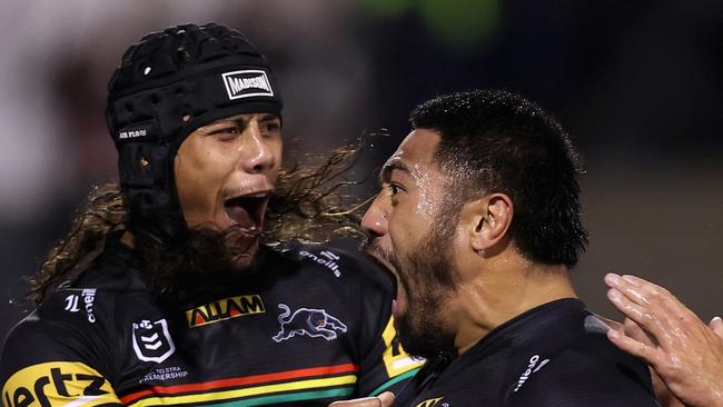 Moses Leota celebrates after scoring a try, in one of the best moments of the game. Picture: Getty Images