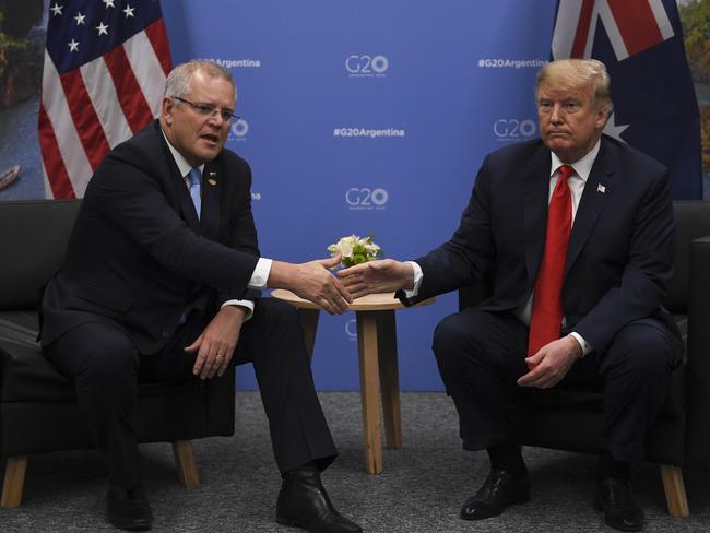 Prime Minister Scott Morrison shakes hands with US President Donald Trump during their meeting at the G20 summit in Buenos Aires, Argentina. Picture: AAP/Lukas Coch