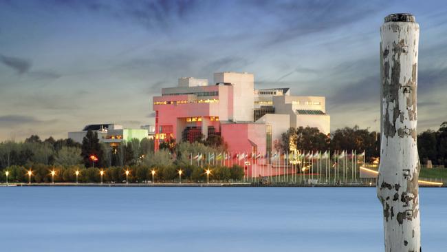 Exterior of the High Court of Australia as seen from the shore of Lake Burley Griffin in Canberra.