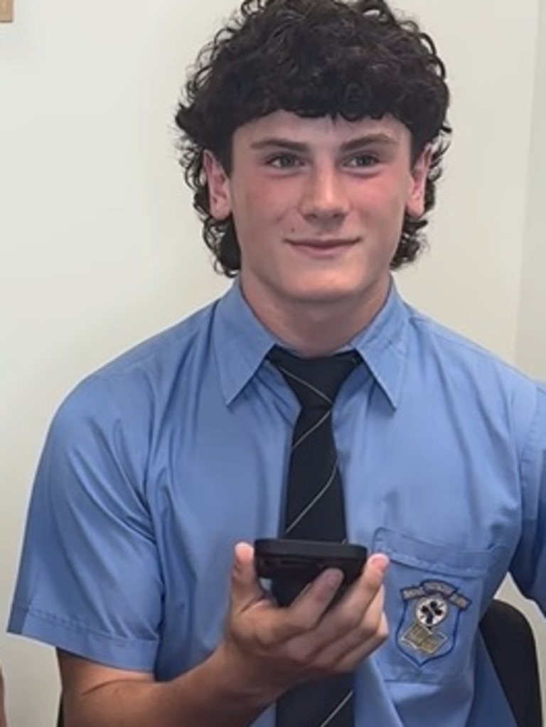 A still from the video of St Patrick’s College 2025 School Captain Cooper McCallum telling his mum with the good news. Source: ‘My St Patrick’s College’ Facebook page