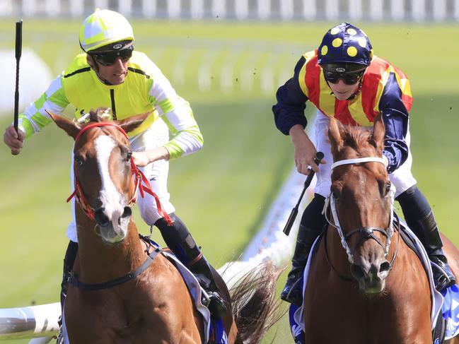 SYDNEY, AUSTRALIA - MARCH 06: Nash Rawiller on Eduardo wins race 5 the Hyland Race Colours from James McDonald on Nature Strip during Sydney Racing at Royal Randwick Racecourse on March 06, 2021 in Sydney, Australia. (Photo by Mark Evans/Getty Images)