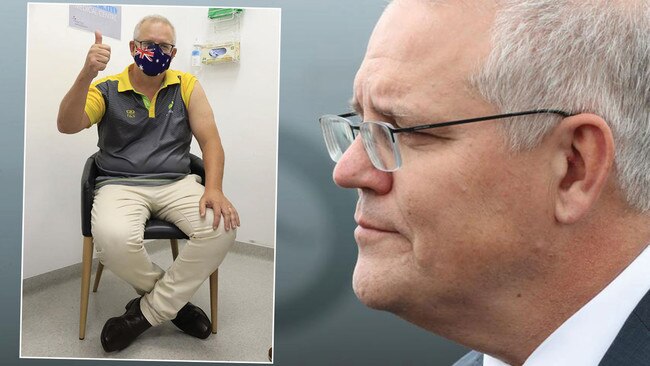 PM Scott Morrison lands in the UK on his way to the recent G7 conference (main), and getting his first dose of the Pfizer vaccine (inset). Pictures: PMO/Getty