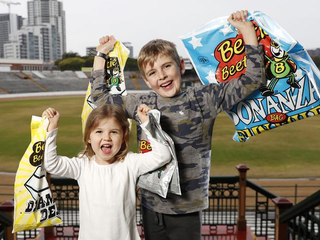 Charlotte, 3, and Thomas Laidsaar, 7, posing at the RNA Showgrounds, Brisbane 23rd of July 2020.  The Showbag Shop are giving away 1000 Bertie Beetles to a member of the public.   (Image/Josh Woning)