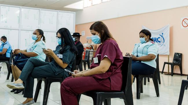 Healthcare workers wait to receive a dose of the Johnson &amp; Johnson vaccine against the COVID-19 coronavirus as South Africa proceeds with its inoculation campaign at the Prince Mshiyeni Hospital in Umlazi, south of Durban. Picture: AFP