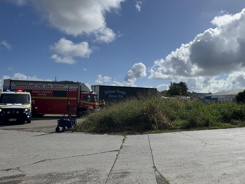 Emergency services outside a fire at a recycling centre at Pinkenba. Picture: Andreas Nicola