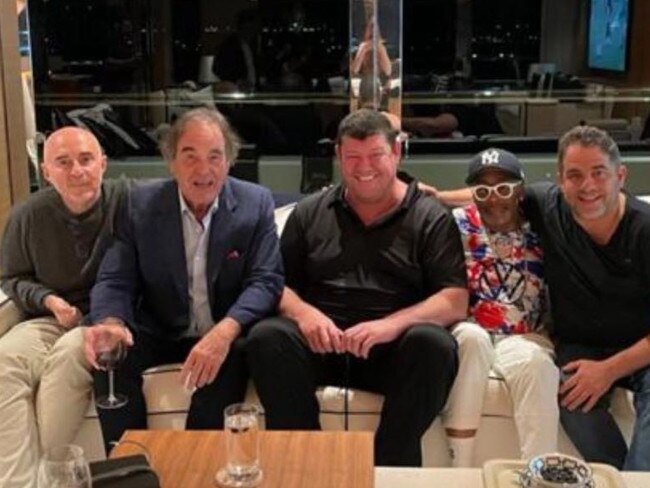 James Packer (centre) in social media post from his sometime business partner Brett Ratner of Ratpac. Also pictured (from left) are Argentinian film producer Fernando Sulichin, director Oliver Stone, director Spike Lee and Ratner.