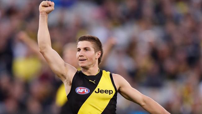 Tigers Rising Star Liam Baker celebrates a goal. Picture: AFL Photos