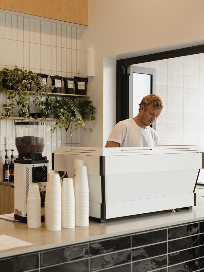 Local Gold Coast barista Damian Swan at his new cafe Funnybone Coffee.