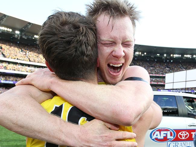 Jack Riewoldt hugs Alex Rance after the final siren. Picture: Michael Klein