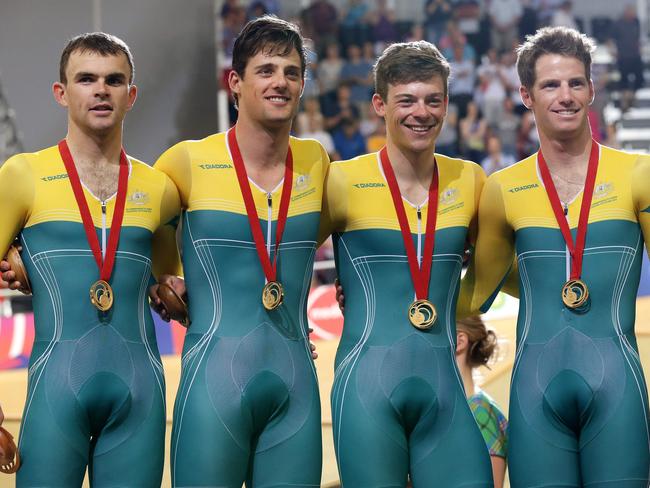 A file picture of Australia’s gold medal winning Men's 4000m Team Pursuit Team at the 2014 Glasgow Commonwealth Games. Jack Bobridge, Luke Davison, Alex Edmondson and Glenn O'Shea. Photo: Adam Head.