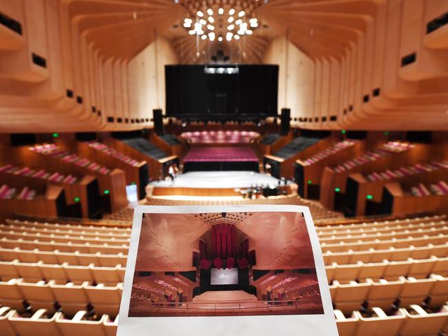 A rendered image shows what the new Concert Hall of the Sydney Opera House will look like after the biggest upgrade in its 46-year history, which started in January 2020. Picture: Dean Lewis/AAP