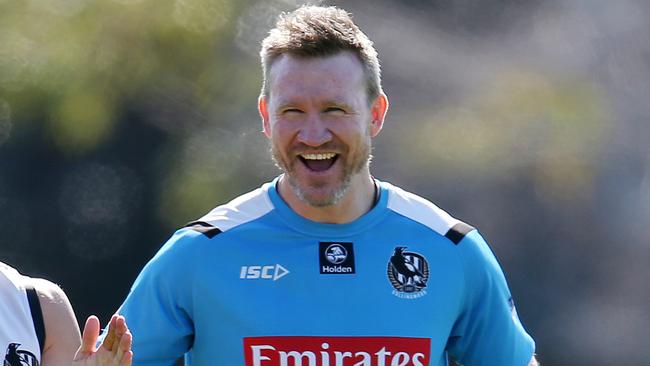 Collingwood coach Nathan Buckley was all laughs at training on Thursday. Picture: Michael Klein