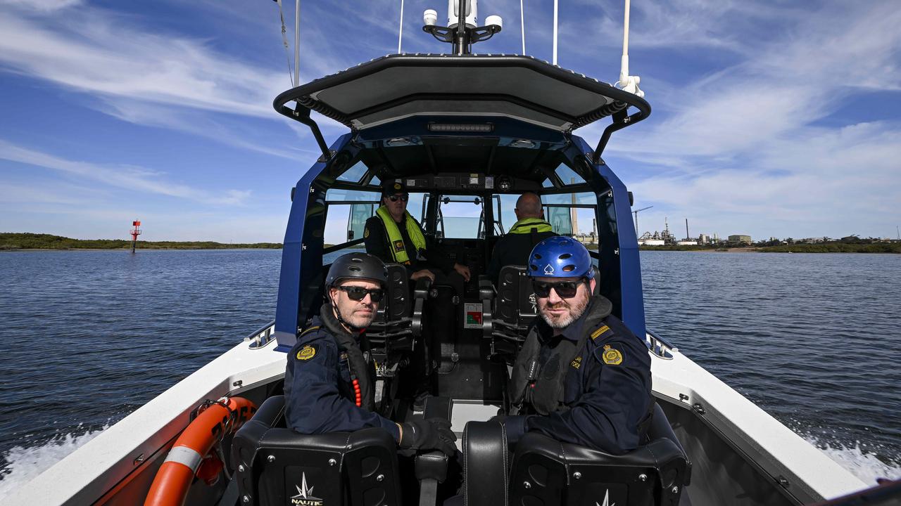 Australian Border Force Senior Border Force Officers on their Nautic Star Patrol boat completely made and designed in South Australia. Picture: Mark Brake