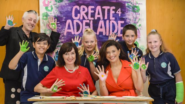 Adelaide Festival artistic director Ruth Mackenzie launches the Create4Adelaide project with Deputy Premier Susan Close, Arts Minister Andrea Michaels and Wandana School students Sebastian, Sophie, Dougie and Mistique. Picture: Roy Vandervegt