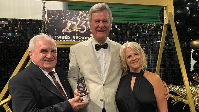 Tweed Business Chamber president and long-time councillor Warren Polglase with Hall of Fame winner Mark Humphries and Tweed Business Awards event manager Julie West at the awards.