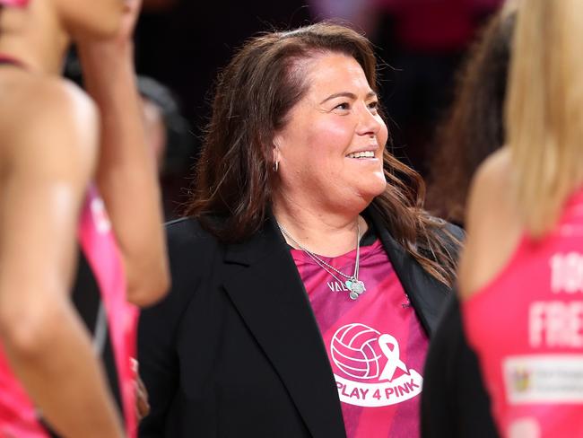 ADELAIDE, AUSTRALIA - JUNE 22: Tania Obst, Head Coach of the Adelaide Thunderbirds reacts after their win in round 11 Super Netball match between Adelaide Thunderbirds and Melbourne Mavericks at Adelaide Entertainment Centre, on June 22, 2024, in Adelaide, Australia. (Photo by Maya Thompson/Getty Images)