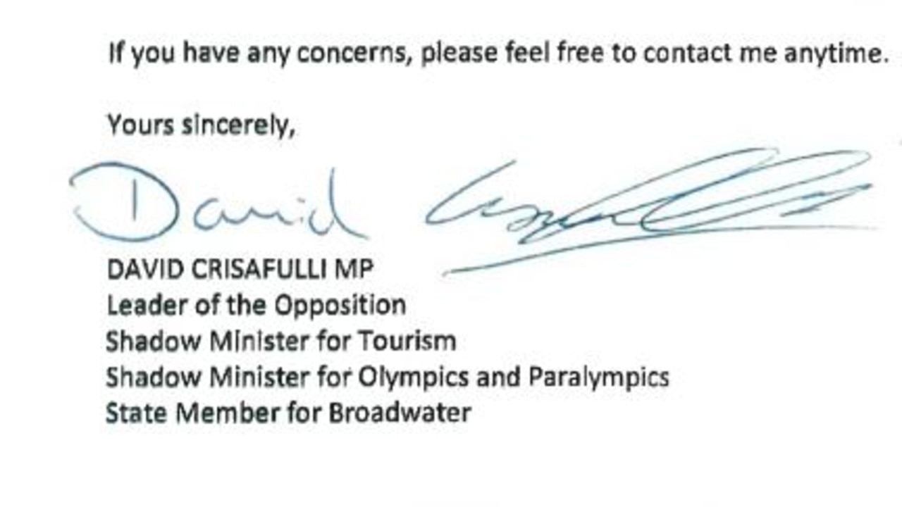 David Crisafulli's signature from a publicly-accessible document during his time as Leader of the Opposition.