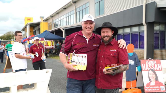 Mayoral candidate Steve 'Jacko' Jackson with teammate and councillor candidate Heath Paton at the early voting for Mackay Regional Council election at the Mackay Showgrounds on Monday, March 4, 2024. Picture Heidi Petith