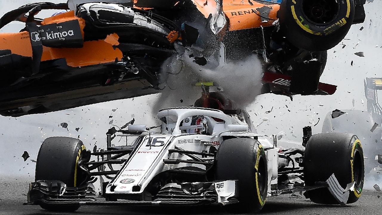Fernando Alonso crashed over the top of Charles Leclerc at the start of the Belgian GP.