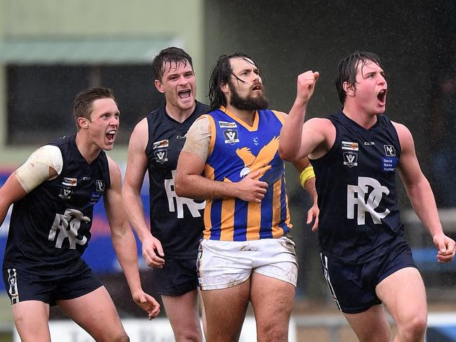 Nepean FL finals: Qualifying Final: Rosebud v Somerville at Red Hill. Rosebud #9 Daniel Wilson celebrates a goal as rain falls in the second quarter. Picture: Jason Sammon Saturday 20 August 2016