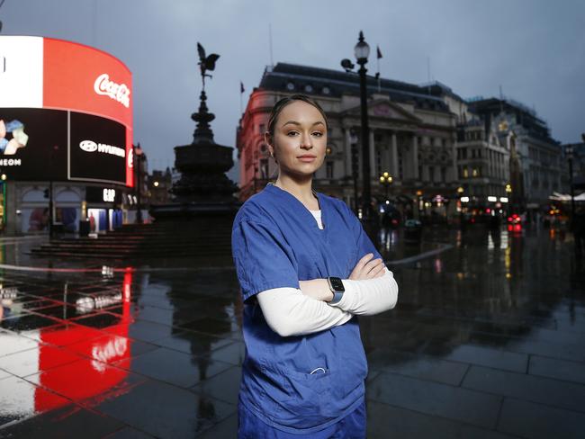 Kathryn Lennon, 25, pictured at Piccadilly Circus in London, on January 14. Picture: Hollie Adams for News Corp Australia Network