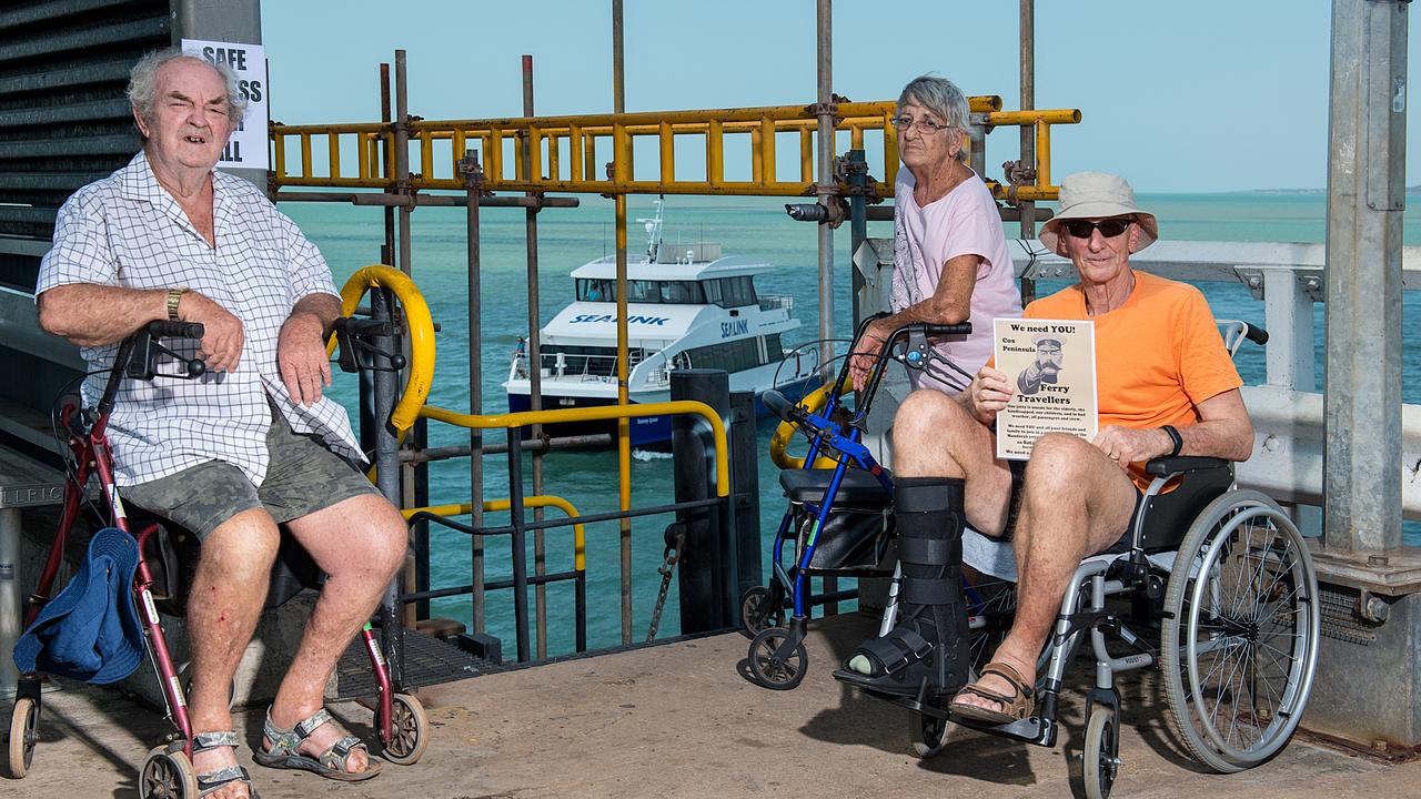 Wagait Beach residents Roy Gosper, Leonie Gosper and Jack Ellis are fed up with the state of the Mandorah Jetty. They are unable to access the ferry because it is not disability friendly. Picture: Rick of Territory Image