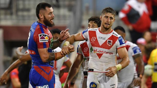 David Klemmer and Zac Lomax came together post match. Picture: NRL Imagery