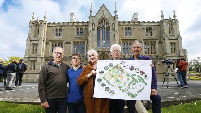 Glebe Residents’ Association members Roland Browne, his son, Tim Calwell-Browne, Denise Brown, Kerry Burns and former Green's leader, Bob Brown with a draft plan to restrict future building development on the site of the old University, Glebe. Picture: MATT THOMPSON