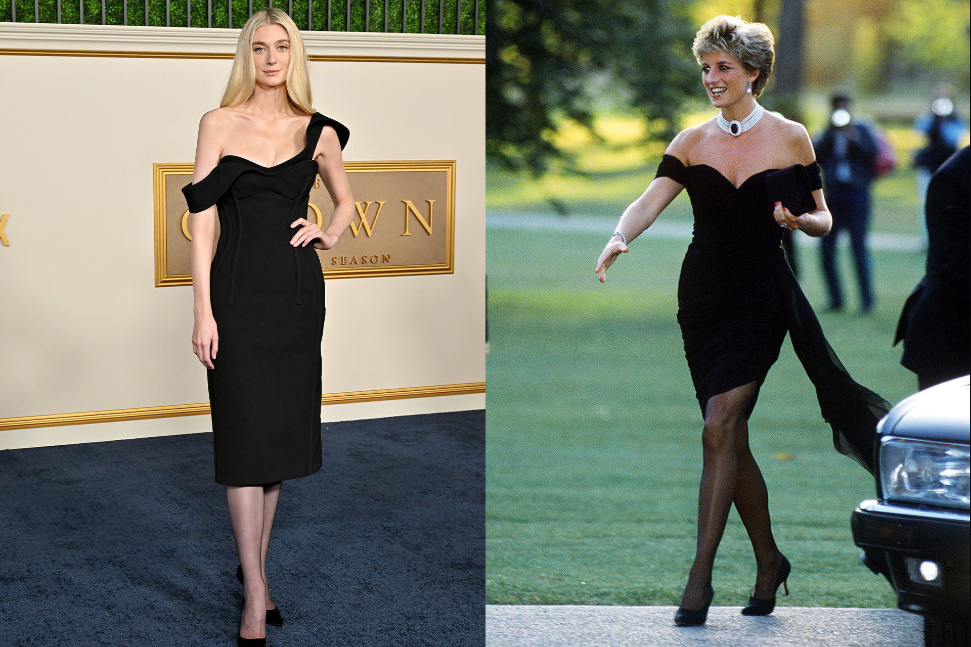 <h3>Elizabeth Debicki</h3><p>Actress Elizabeth Debicki, who notably plays Princess Diana in the series <em>The Crown</em>, donned an awfully familiar black dress at the official season six premiere. Her black, off-the-shoulder styling choice paid sartorial homage to Diana&rsquo;s iconic <a href="https://www.vogue.com.au/fashion/news/you-can-now-own-the-crowns-princess-diana-revenge-dress/news-story/9d1209bc2a746d0394a93bf400739988" target="_blank" rel="noopener">revenge dress</a>, one of the late Princess&rsquo; most infamous looks. Debiki&rsquo;s Bottega Veneta dress, which featured a structured bodice and the same off-the-shoulder sleeves, was without a doubt a tribute to the dress the Princess of Wales wore, designed by Christina Stambolian and which she wore on the same evening Princess Charles confessed his adultery with Camilla in 1994. Both women styled the chic LBD with hosiery and black pumps, for the full sophisticated yet sexy effect. Let&rsquo;s face it, dressing for revenge is a timeless operation.</p>