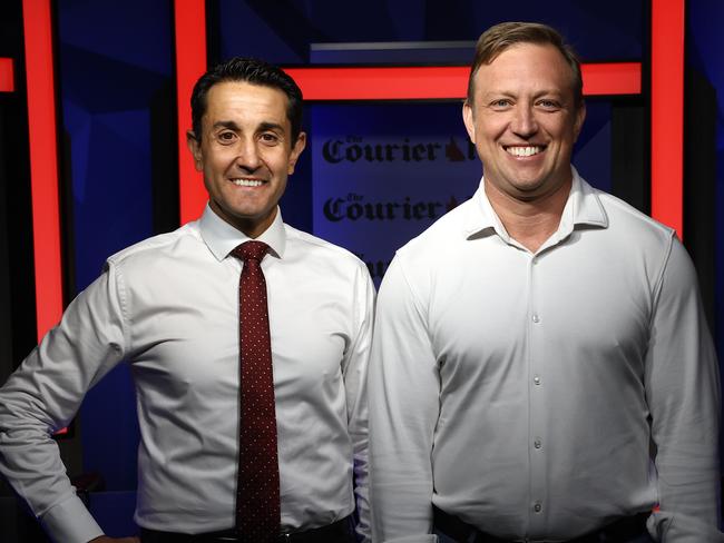 ## POOL IMAGES ## Queensland Premier Steven Miles and Leader of the LNP Opposition David Crisafulli pictured during the Courier Mail Leaders debate ahead of this years Queensland election and before two by-elections this weekend. Brisbane Tuesday 12th March 2024 Picture David Clark