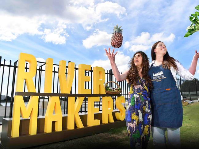 Maddy Ross market manager and Georgia Rowe vendor with their fresh produce at Rivermakers Farmers and Artisan Markets. Picture: Patrick Woods.