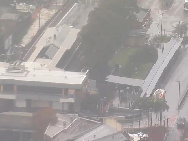 Passengers have been evacuated after a fire on a train at Bankstown station. Picture: Nine.