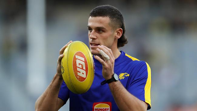 PERTH, AUSTRALIA - APRIL 29: Jake Waterman of the Eagles warms up before the 2022 AFL Round 07 match between the West Coast Eagles and the Richmond Tigers at Optus Stadium on April 29, 2022 in Perth, Australia. (Photo by Will Russell/AFL Photos via Getty Images)