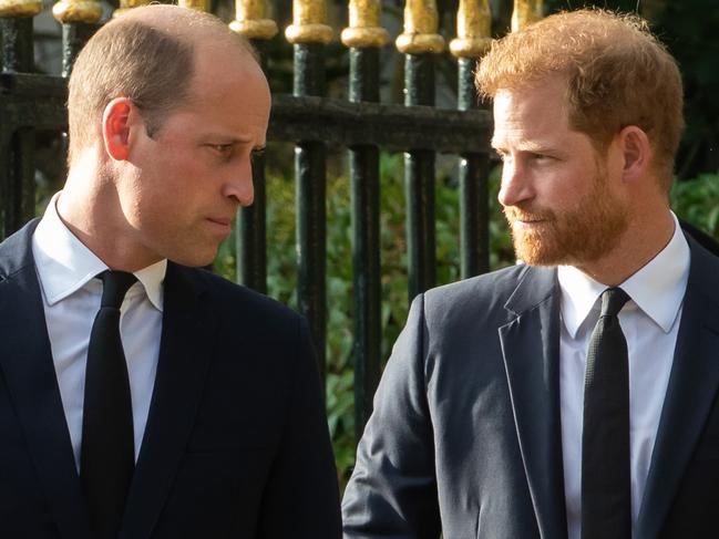 Prince William, the new Prince of Wales, and Prince Harry, the Duke of Sussex, arrive to view floral tributes to Queen Elizabeth II laid outside Cambridge Gate at Windsor Castle on 10th September 2022 in Windsor, United Kingdom. Queen Elizabeth II, the UK's longest-serving monarch, died at Balmoral aged 96 on 8th September 2022 after a reign lasting 70 years. (photo by Mark Kerrison/In Pictures via Getty Images)