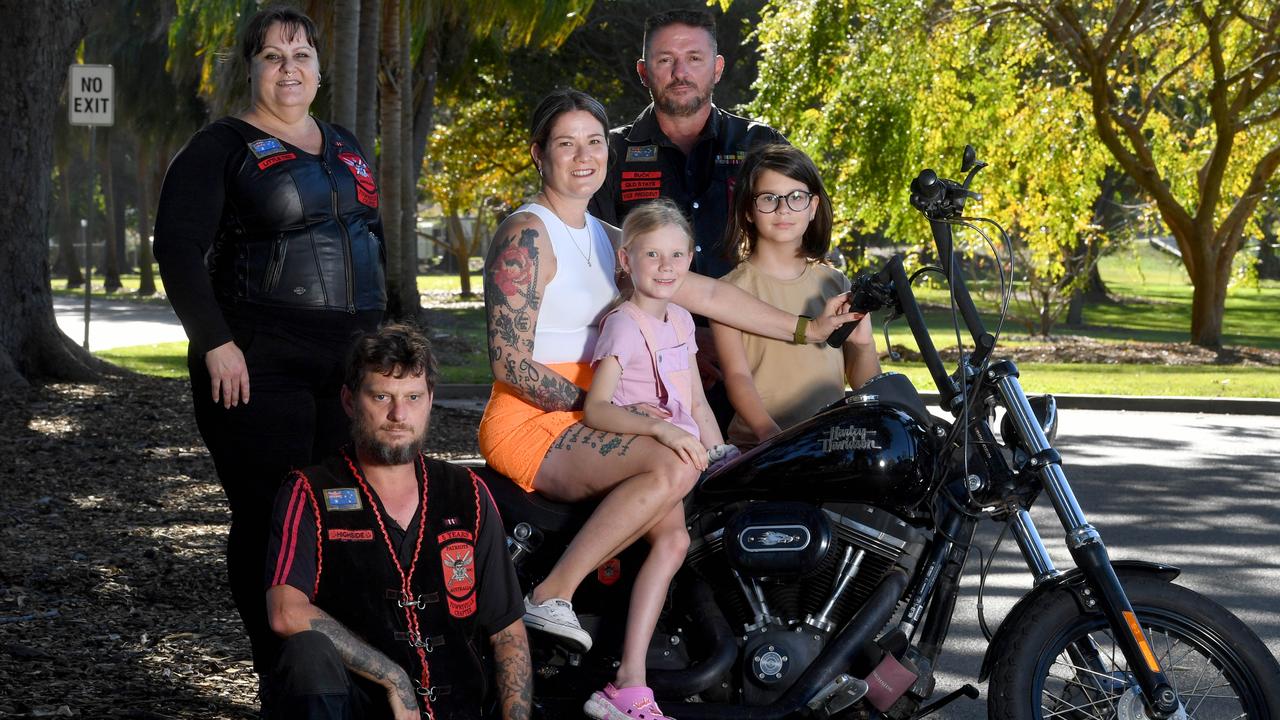 Trisha Roberts with Mabyn, 9, and Emrys, 11, are set for the annual Ride for Legacy with Patriots MC members Curt Smith, Jo McHenry and Buck Rogers. Picture: Evan Morgan