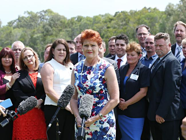 Pauline Hanson introduced her 36 Queensland One Nation candidates at North Lakes in Brisbane. Picture: Annette Dew