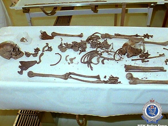 The bones found at St Helens Park near Campbelltown in 2001 where there was also bullet casings, a gold bracelet and cigar tin. Picture: NSW Police