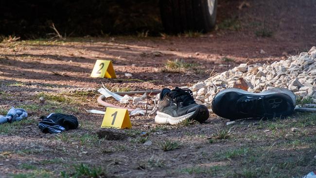 NT Police is investigating the shooting deaths of two Top End residents in Millner and Karama. Pictured is the crime scene established on Spriggs St, Millner. Picture: Pema Tamang Pakhrin