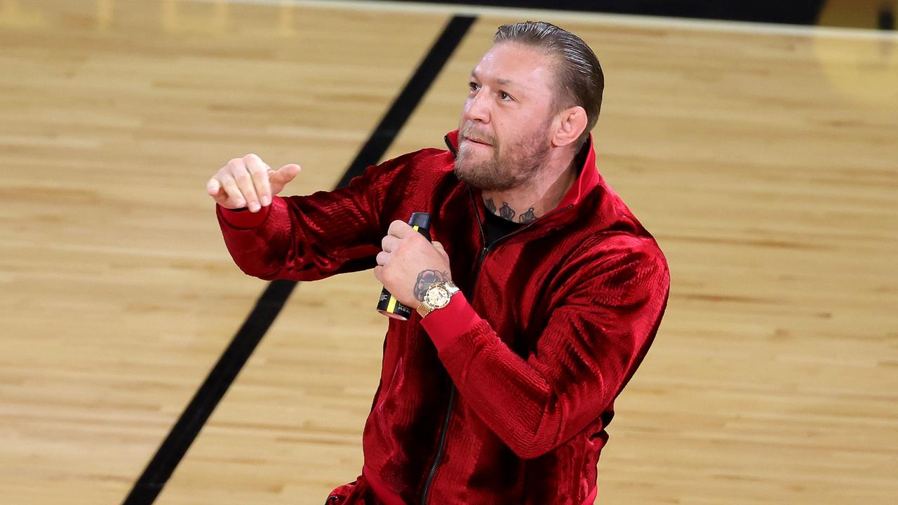 MIAMI, FLORIDA - JUNE 09: Conor McGregor is seen on the court during a timeout in Game Four of the 2023 NBA Finals between the Denver Nuggets and the Miami Heat at Kaseya Center on June 09, 2023 in Miami, Florida. NOTE TO USER: User expressly acknowledges and agrees that, by downloading and or using this photograph, User is consenting to the terms and conditions of the Getty Images License Agreement. (Photo by Megan Briggs/Getty Images)