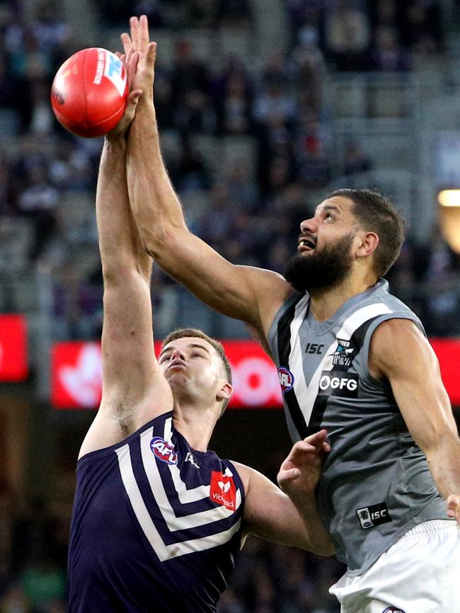 All-Australian Port Adelaide ruckman Paddy Ryder faces an uncertain future after falling behind Scott Lycett in the Power ruck pecking order. Picture: RICHARD WAINWRIGHT (AAP).