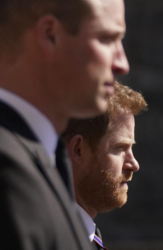 Prince William, Duke of Cambridge and Britain's Prince Harry, Duke of Sussex walk during the funeral procession of Britain's Prince Philip, Duke of Edinburgh. Picture: AFP