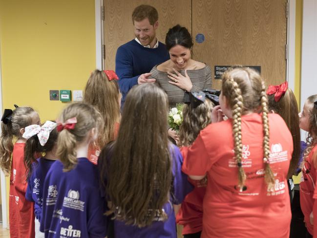 Britain’s Prince Harry and his fiancée Meghan Markle attend a street dance class during their visit to Star Hub community and leisure centre in the Tremorfa area of Cardiff, south Wales on January 18, 2018. Picture: Getty