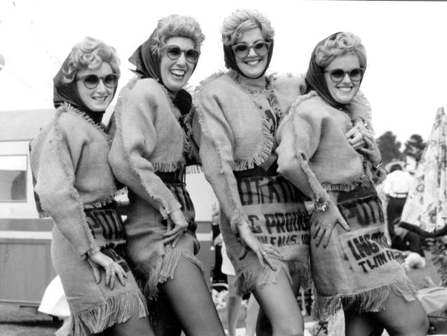 Potato sack ladies Kathy Matthews, Chris De Souza, Meredith Muller and Julie Kemp show off their outfits in 1990.