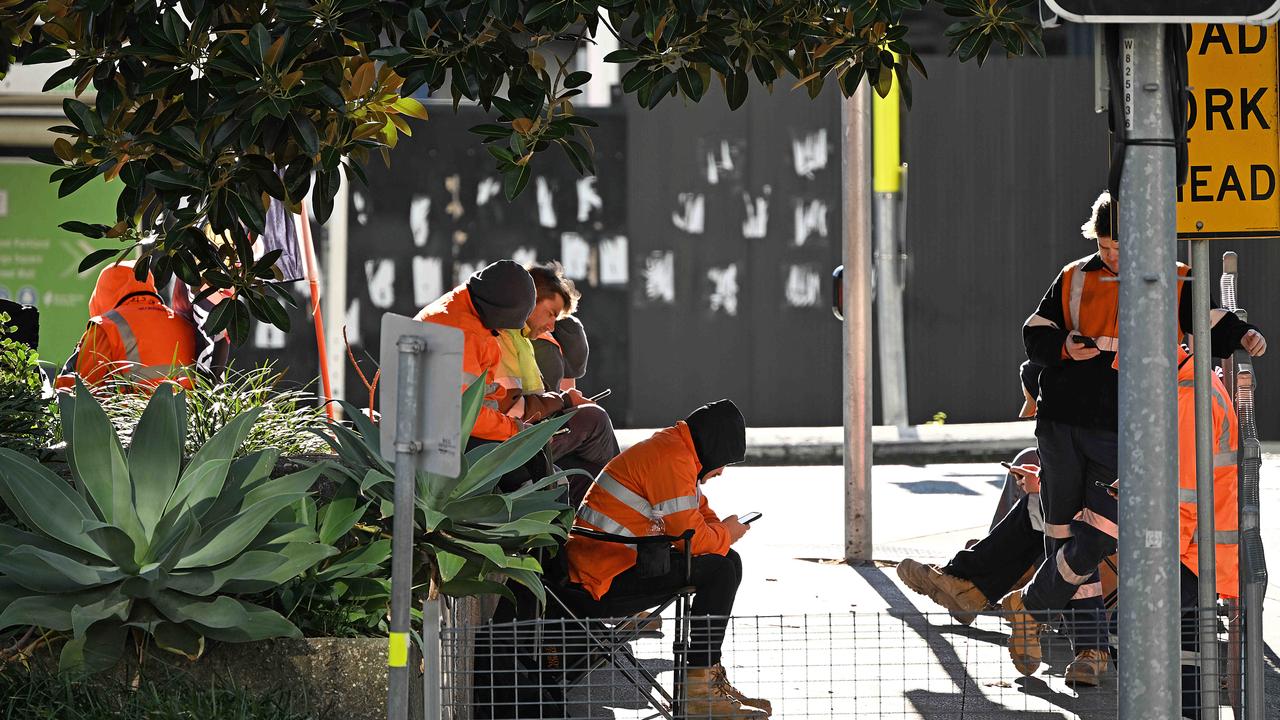 CFMEU union members near the Roma St site of the Cross River Rail, which has become a flashpoint in a turf war with the AWU. Picture: Lyndon Mechielsen/Courier Mail