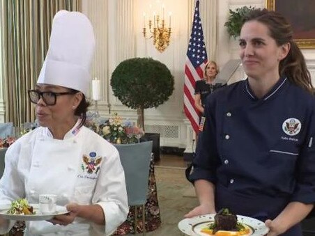 Renowned chef Katie Button, on right, with White House Executive Chef Cris Comerford, has revealed the White House State dinner menu.