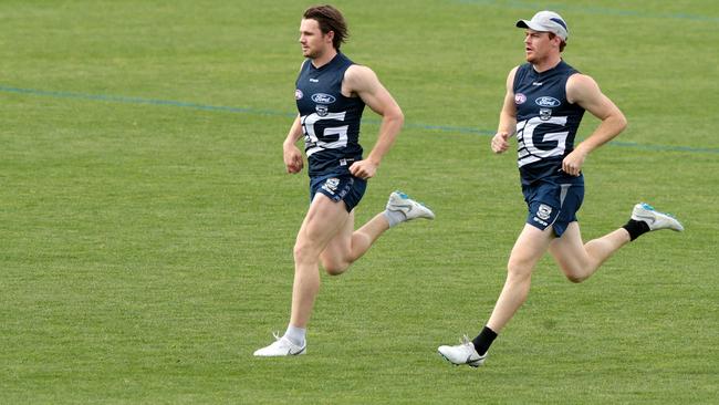 Rohan completes running training alongside Patrick Dangerfield. Picture: Alison Wynd