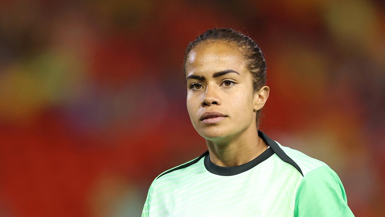 NEWCASTLE, AUSTRALIA - APRIL 07: Mary Fowler of Australia warms up before the International Friendly match between Australia Matildas and Korea Republic at McDonald Jones Stadium on April 07, 2025 in Newcastle, Australia. (Photo by Cameron Spencer/Getty Images)